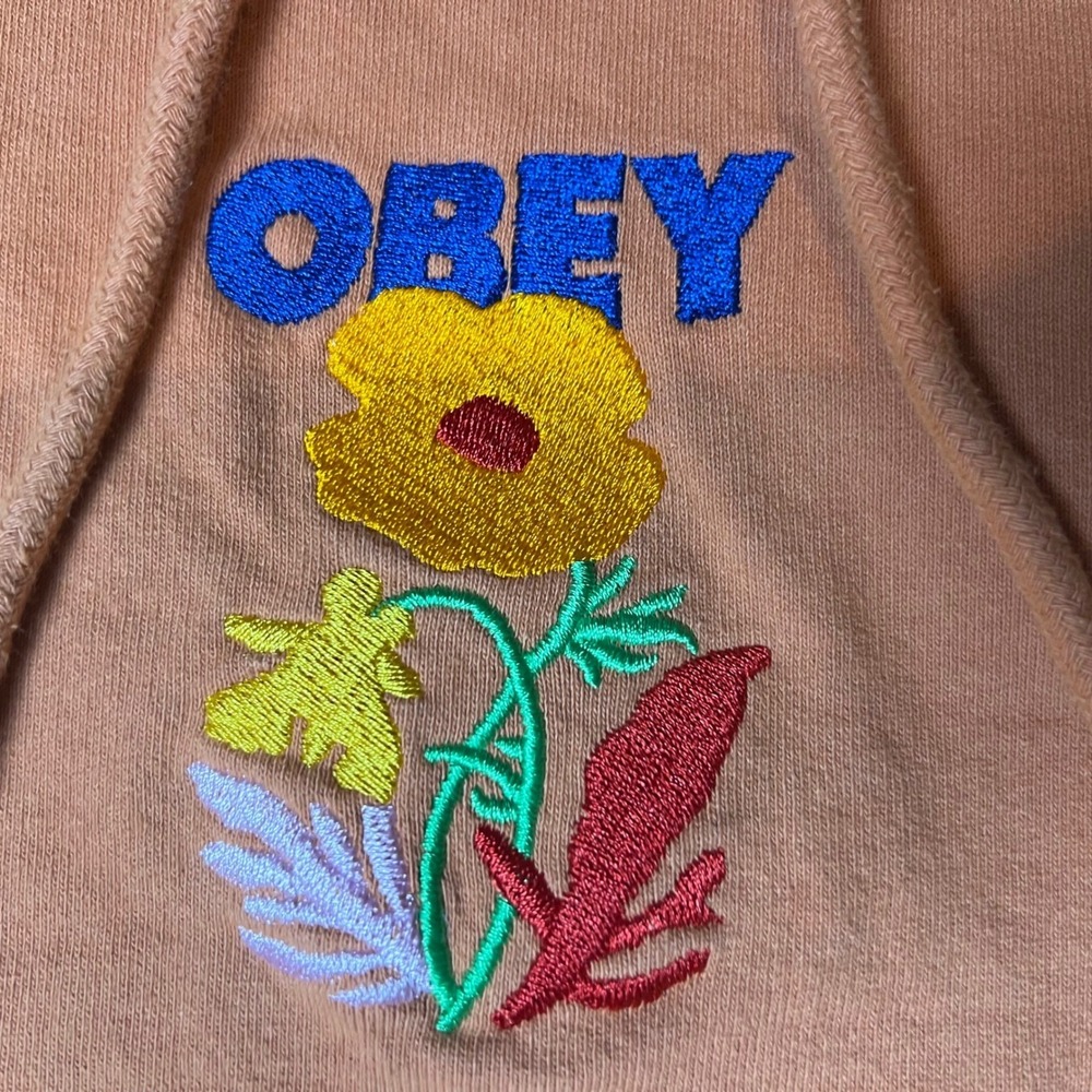 y2k OBEY Orange Embroidered Floral Flower Hoodie Sweatshirt Men Large - Picture 2 of 6